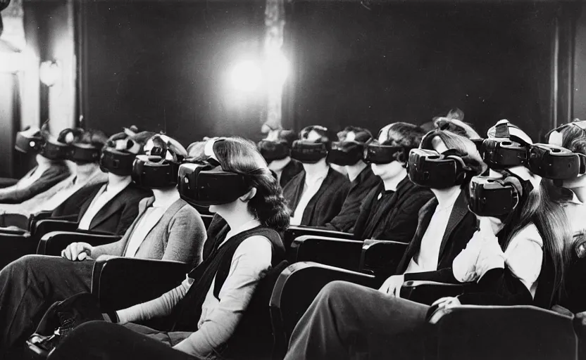 Image similar to 1 9 0 0 s photo of people wearing virtual reality headsets vr in a movie theater masterpiece