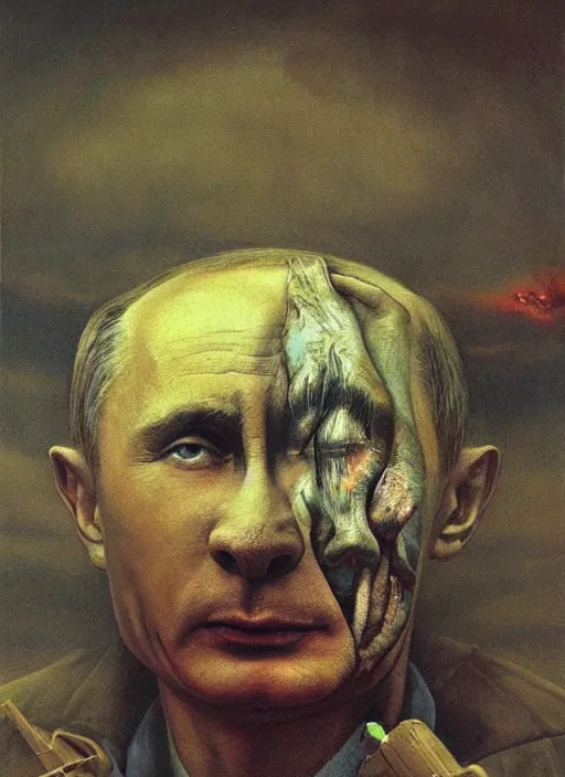 Image similar to Painting in a style of Beksinski featuring Vladimir Putin. Suffering and pain