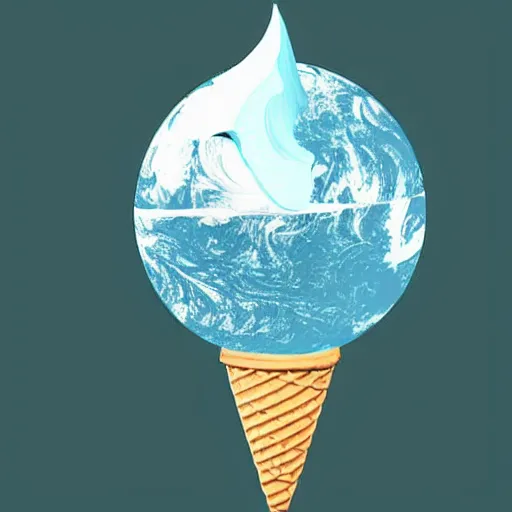 Image similar to earth made of ice cream, in a cone, which is melting under the heat