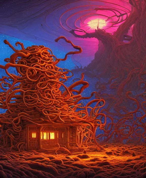 Image similar to a cabin made out of exotic fungus, weird fungus and tendrils, spaceship, sci - fi, robots, somber, partly cloudy, hellscape, hell, fire, brimstone, lava, by dan mumford, yusuke murata, makoto shinkai, ross tran, cinematic, unreal engine, cel shaded, featured on artstation, pixiv