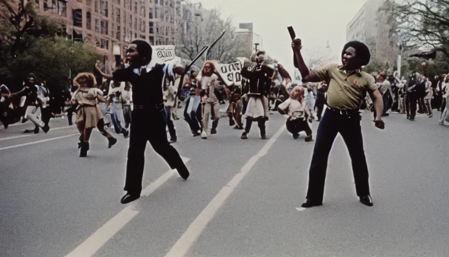 Image similar to 7 0 s film still from a horror movie of gary coleman twirling a baton while marchin in a blm parade, kodachrome, cinecolor, cinestill, film grain, film texture, retro, cinematic, high resolution, photorealism,