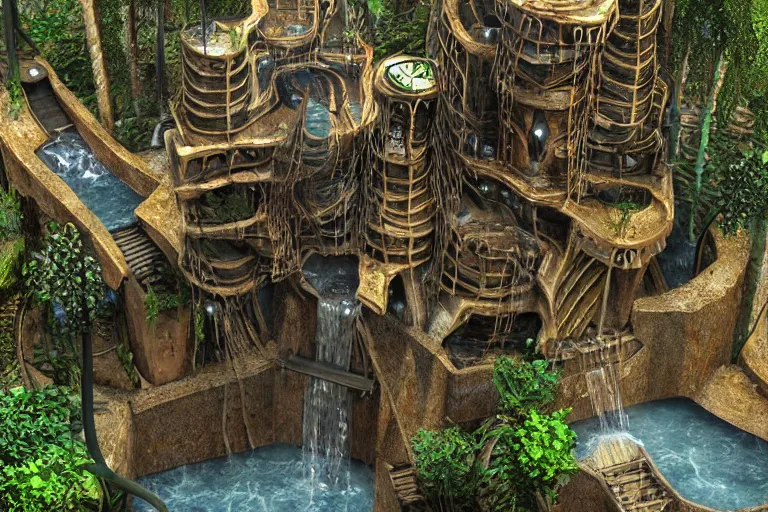 Image similar to favela bunker cathedral coaster hive, art nouveau waterfall environment, industrial factory, terrifying, award winning art, epic dreamlike fantasy landscape, ultra realistic,