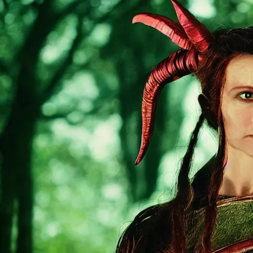 Prompt: a still from “ lord of the rings ” of a head and shoulders 3 5 mm photo portrait of a female red - skinned winged tiefling warlock, photo by phil noto