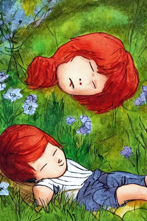 Image similar to a little boy with red hair asleep in a garden. clean elegant pretty cartoon painting, beautiful detailed face, storybook illustration.