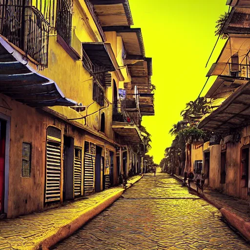 Prompt: a Brazilian street during sunset, melancholia, digital art,