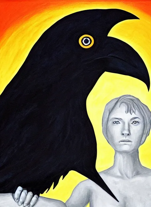 Image similar to portrait centered on a raven in a vantablack cloak and holding a symbolic weapon. painting in the style of symbolism. portrait hung up in a windows 9 8 wallpaper. r / oldschoolfantasy