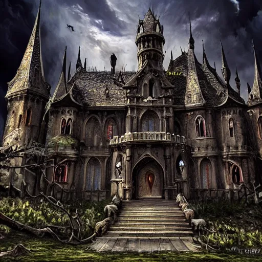Image similar to gothic fantasy art, evil castle, ultra realistic, wide angle, intricate details, sharp focus, highly detailed,