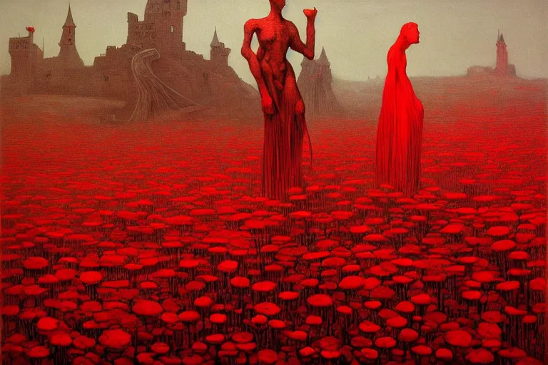 Image similar to only with red, red flowers of different types, a red tiger, a castle in the background, medieval demons dance over the flowers, an ancient path, in the style of beksinski, part by hopper, part by rodcenko, part by hofbauer, intricate composition, red by caravaggio, insanely quality, highly detailed, masterpiece, red light, artstation