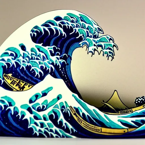 Image similar to a diorama of a wave on a table in the style of The Great Wave off Kanagawa