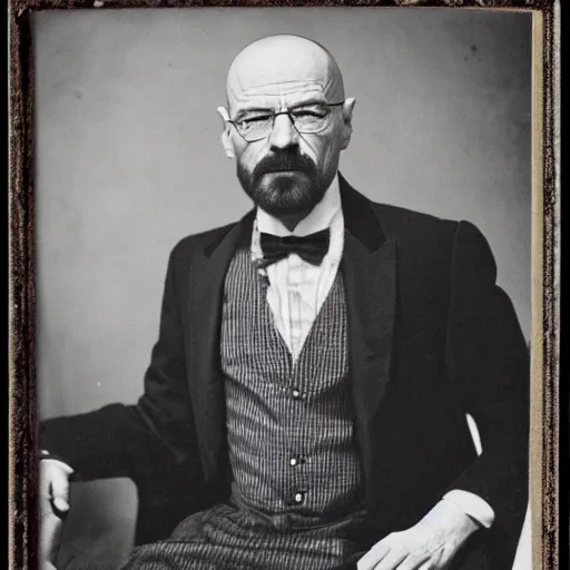 Image similar to walter white, wearing an ornate suit, portrait, vintage photograph