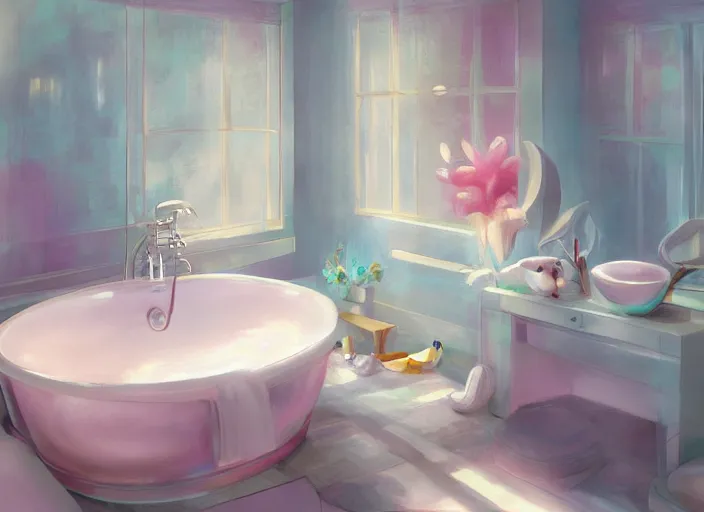 Image similar to placid pastel morning cute painterly fluffy bathroom trending on pixiv