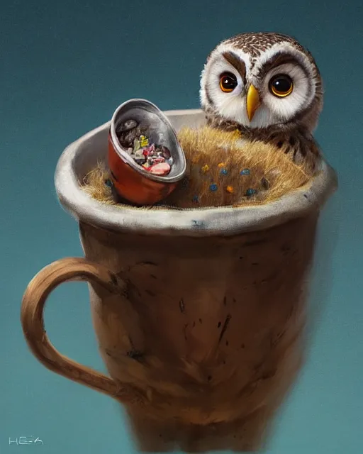 Image similar to long shot of a very cute owl chick nesting in a mug, esao andrews, humorous illustration, hyperrealistic, big depth of field, warm colors, night scenery, low light, 3 d octane render, 4 k, concept art, hyperdetailed, hyperrealistic, trending on artstation