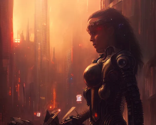 Prompt: 5 5 mm portrait photo of an armored gorgeous aesthetic woman warrior, wearing glowing armor in cyberpunk city. dark atmosphere. art by greg rutkowski. highly detailed 8 k. intricate. lifelike. soft light. nikon d 8 5 0.