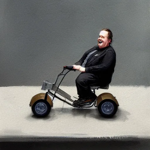 Image similar to hyper realistic obese steve buscemi riding a tiny tricycle, painted by greg rutkowski