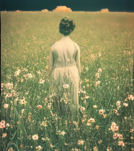 Image similar to mystical death god standing in tall meadow of flowers, distant, vintage film photo, grainy, high detail, high resolution