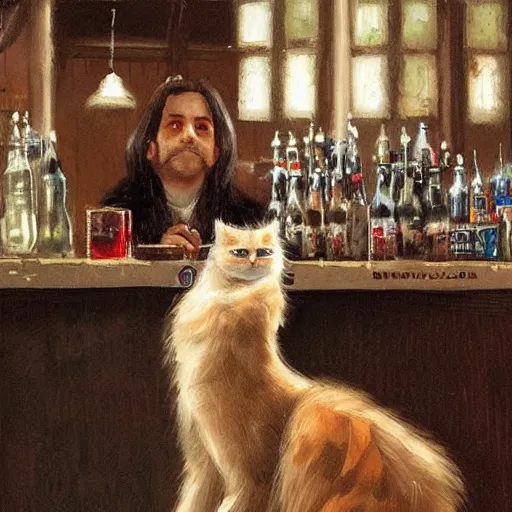 Image similar to of a british longhair cat sitting at the bar next to a beer, by greg rutkowski