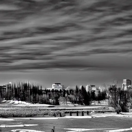 Prompt: yeg Edmonton Edmontonian, YEG, black and white, winter, in the style of Emily Carr,