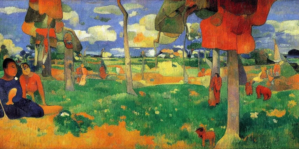 Image similar to there is another world very close to ours that we don't perceive directly, but they do interact sometimes. painting by paul gauguin ( 1 9 0 0 )