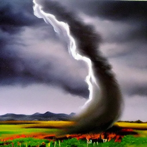 Image similar to beautiful tornado in a landscape painting