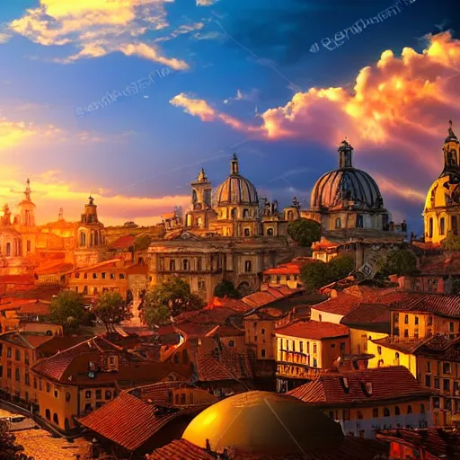 Image similar to the most beautiful sunset over baroque city, surreal, photorealistic, detailed