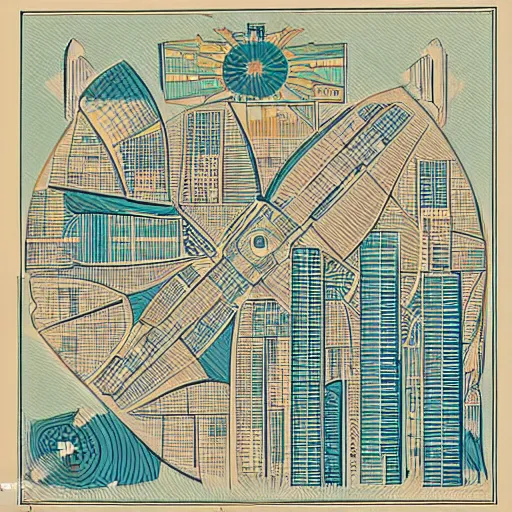 Prompt: a map of a technologically advanced city in a tropical island surrounded by water with a few ships stationed around it. architectural illustration, vienna secession, full color, geometric