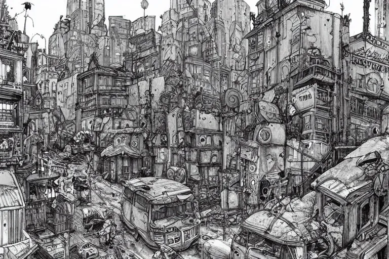 Prompt: a post apocalyptic city street by Mattias Adolfsson