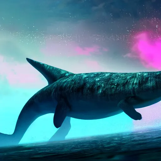 Prompt: a black mosasaurus with neon blue and neon pink fins and skin in water swimming, octane render, trending on artstation, digital art, 4k, high detail, high detail, realistic, fantasy, Ark, Ark Survial evolved