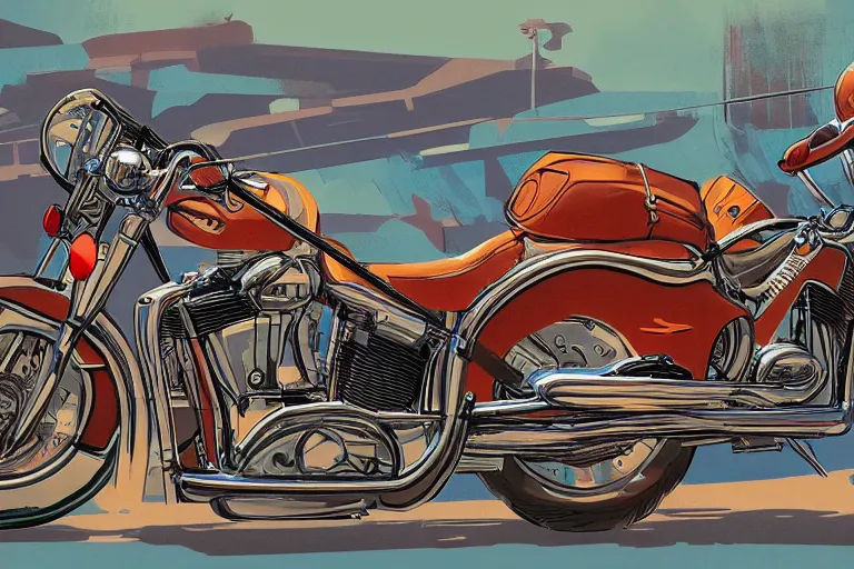 Prompt: motorcycles outside of bar roadside illustration by jack kirby in the style of syd mead artstation 4 k 8 k graphic novel concept art matte painting