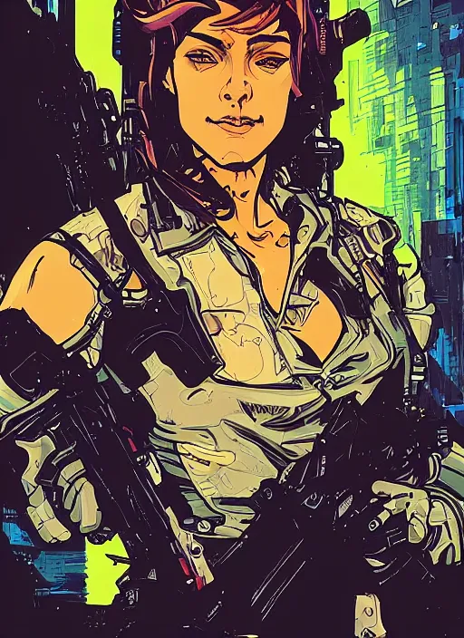 Image similar to maria. buff cyberpunk mercenary. portrait illustration, pop art, splash painting, art by ashley wood, alphonse mucha, laurie greasley and josan gonzales