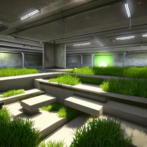 Prompt: screenshot of game on unreal engine 5, in a liminal underground garden, photorealistic, retrofuturism, brutalism, staggered terraces, minimalist, soft vintage glow