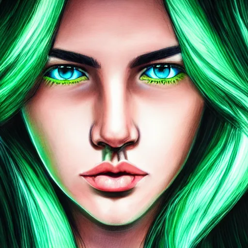 Prompt: photorealistic portrait of beautiful toxic girl, black hair, blue eyes, smooth face, glowing skin, detailed face, green colours, sharp focus