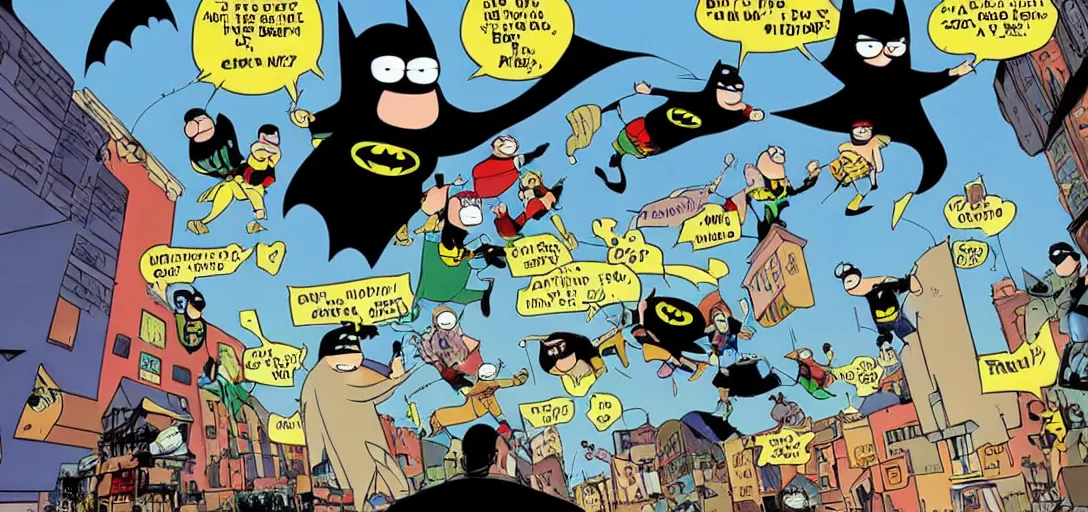 Image similar to peter griffin as batman, flying in sky