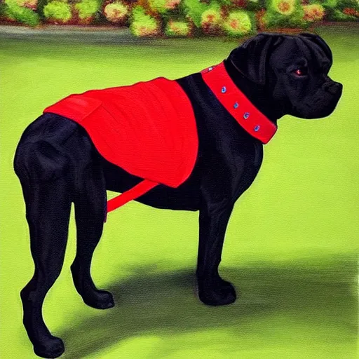 Image similar to painting of a black pitbull lab wearing red collar