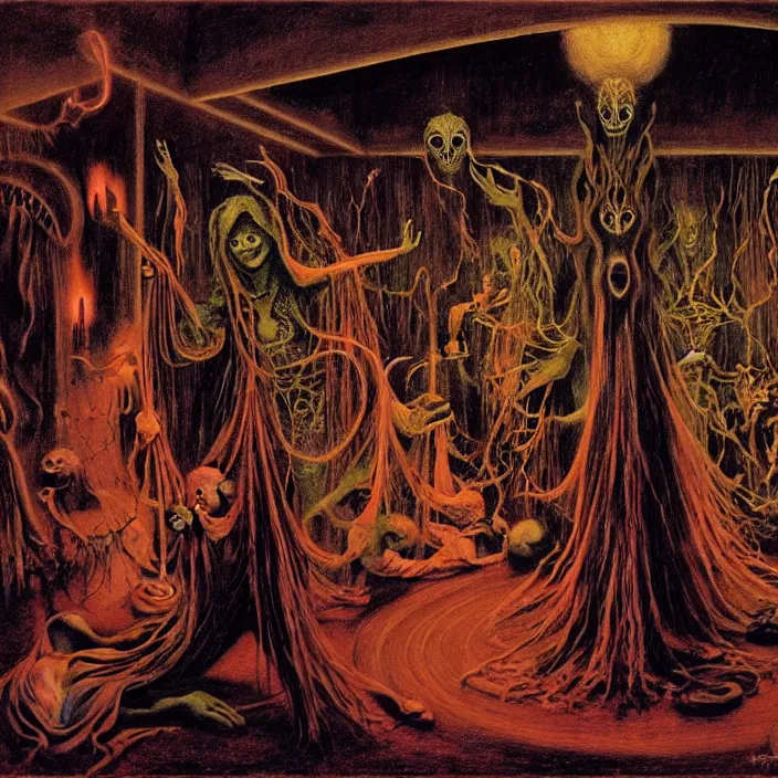 Prompt: cinematic image of an occult esoteric pagan ritual in ahaunted house, by Francis Bacon, by Ivan Bilibin, by Alex Grey, features, robotic enhancements, desaturated, Tim Hildebrandt, Wayne Barlowe, Bruce Pennington, donato giancola, larry elmore, oil on canvas, masterpiece, trending on artstation, featured on pixiv, cinematic composition, dramatic pose, beautiful lighting, sharp, details, hyper-detailed, HD, HDR, 4K, 8K