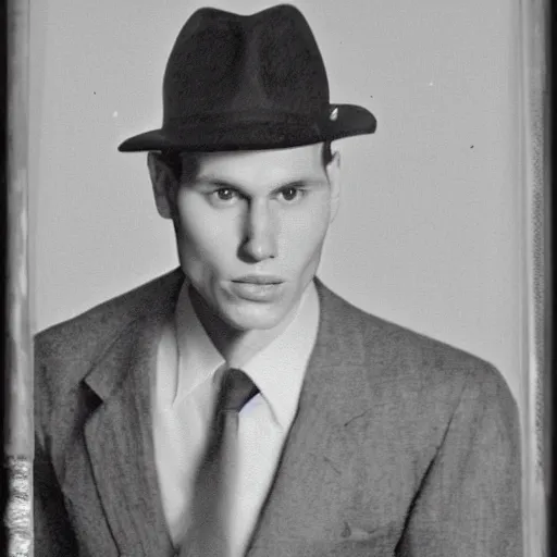 Image similar to A photograph portrait of Jerma985 wearing a suit with and fedora in the 1940s, taken in the early 1940s, grainy, taken on a 940s Kodak Camera, realistic, hyperrealistic, very realistic, highly detailed, very detailed, extremely detailed, detailed, digital art, trending on artstation