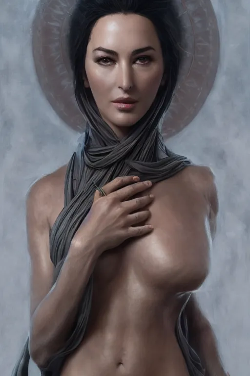 Prompt: monica bellucci as loving goddess, anatomy, only two hands, highly detailed, digital painting, artstation, concept art, smooth, sharp focus, illustration, unreal engine 5, 8 k, art by art by artgerm and greg rutkowski and edgar maxence