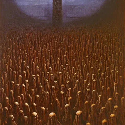 Prompt: crowd of cultists in the ancient temple of cthulhu, oil painting by beksinski and william, lake and rutkovski
