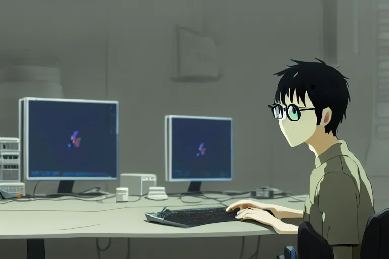 Image similar to a nerdy boy is programming at a computer in a room full of gadgets, by makoto shinkai and ghibli studio, highly detailed, incredible quality, trending on artstation