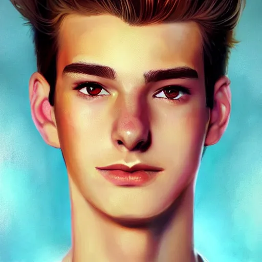 Image similar to colorful Captivating teenage boy with brown blond very short quiff hair and facial structure like andrew garfield, brown eyes with red eye markers, slim body, wearing a detailed Japanese kimono with golden details, atmospheric lighting, painted, intricate, 4k, highly detailed by Charlie Bowater