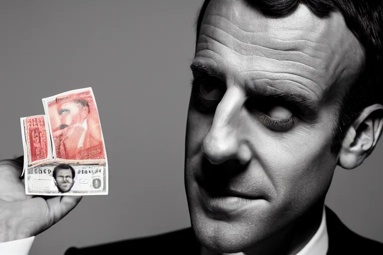 Image similar to close up portrait of emmanuel macron holding bags of money, photograph, natural light, sharp, detailed face, magazine, press, photo, steve mccurry, david lazar, canon, nikon, focus