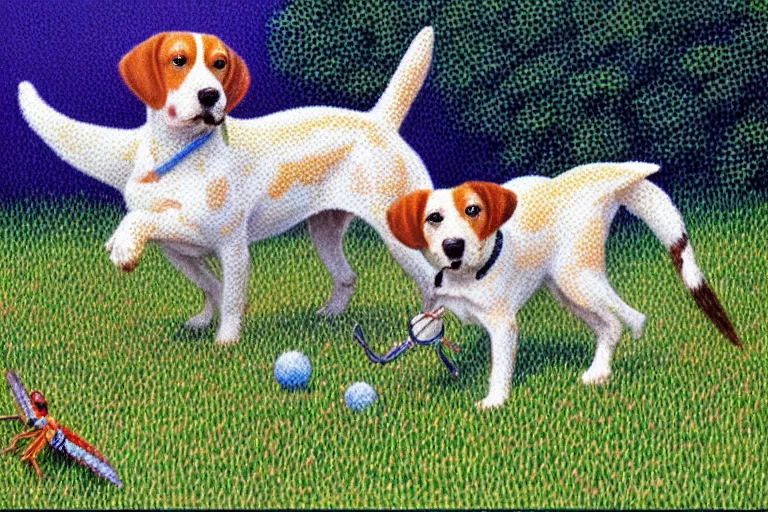 Image similar to pointillism painting of a white and caramel beagle dog playing with dragonfly in a backyard, harsh lighting, detailed, trending on artstation, dull pastel colors, bright, god rays, dreamy, trending on artstation