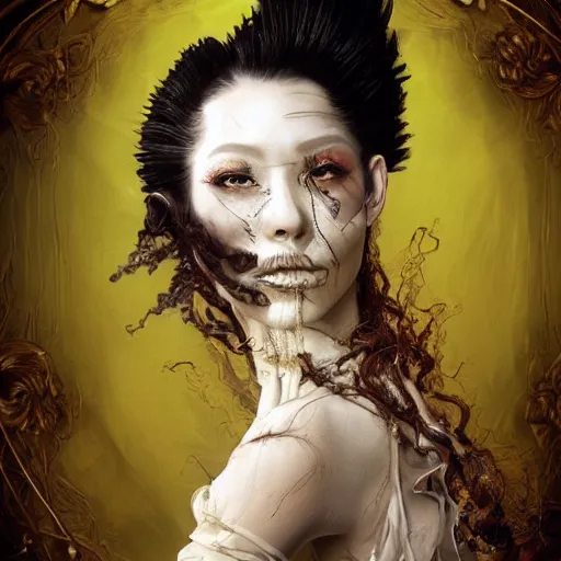 Image similar to portrait of a Shibari rope wrapped face and neck, headshot, insanely nice professional hair style, dramatic hair color, digital painting, of a old 18th century, traveler, amber jewels, baroque, ornate clothing, scifi, realistic, hyperdetailed, chiaroscuro, concept art, art by Franz Hals and Jon Foster and Ayami Kojima and Amano and Karol Bak,