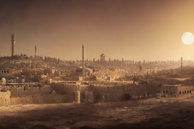 Image similar to jerusalem city on the moon, matte painting, long shot, concept art, wide shot, digital art, trending on artstation, 4 k, extremely detailed, realistic, midday, warm colors, golden sunlight, by greg rutkowski, cinematic, epic