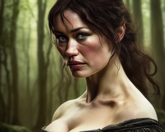 Image similar to 5 5 mm portrait photo of olga kurylenko as real life tough looking yennefer of vengerberg, in a forest. magical atmosphere. art by greg rutkowski. highly detailed 8 k. intricate. lifelike. soft light. nikon d 8 5 0.