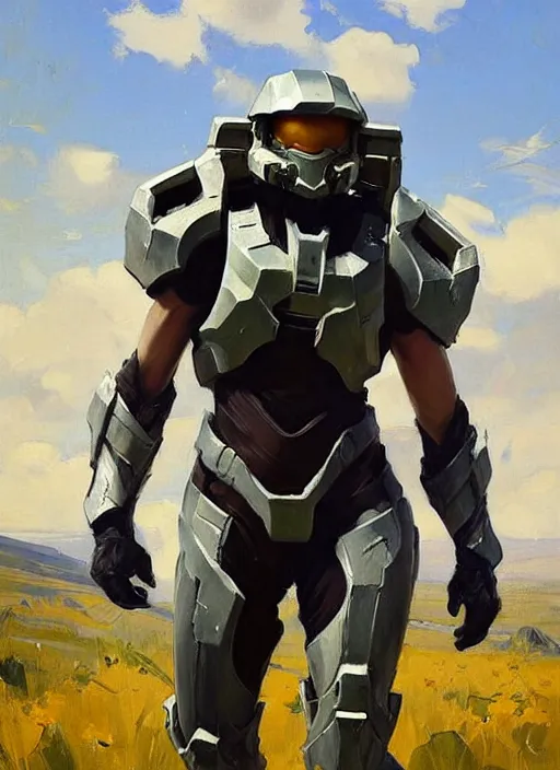 Image similar to Greg Manchess painting of a Corgian wearing Forerunner Armor from Halo, countryside, calm, fantasy character portrait, dynamic pose, above view, sunny day, artwork by Jeremy Lipkin and Giuseppe Dangelico Pino and Michael Garmash and Rob Rey, very coherent asymmetrical artwork, sharp edges, perfect face, simple form, 100mm