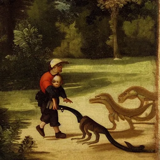 Image similar to a kid at the park walking a velociraptor with a leash, renaissance oil painting