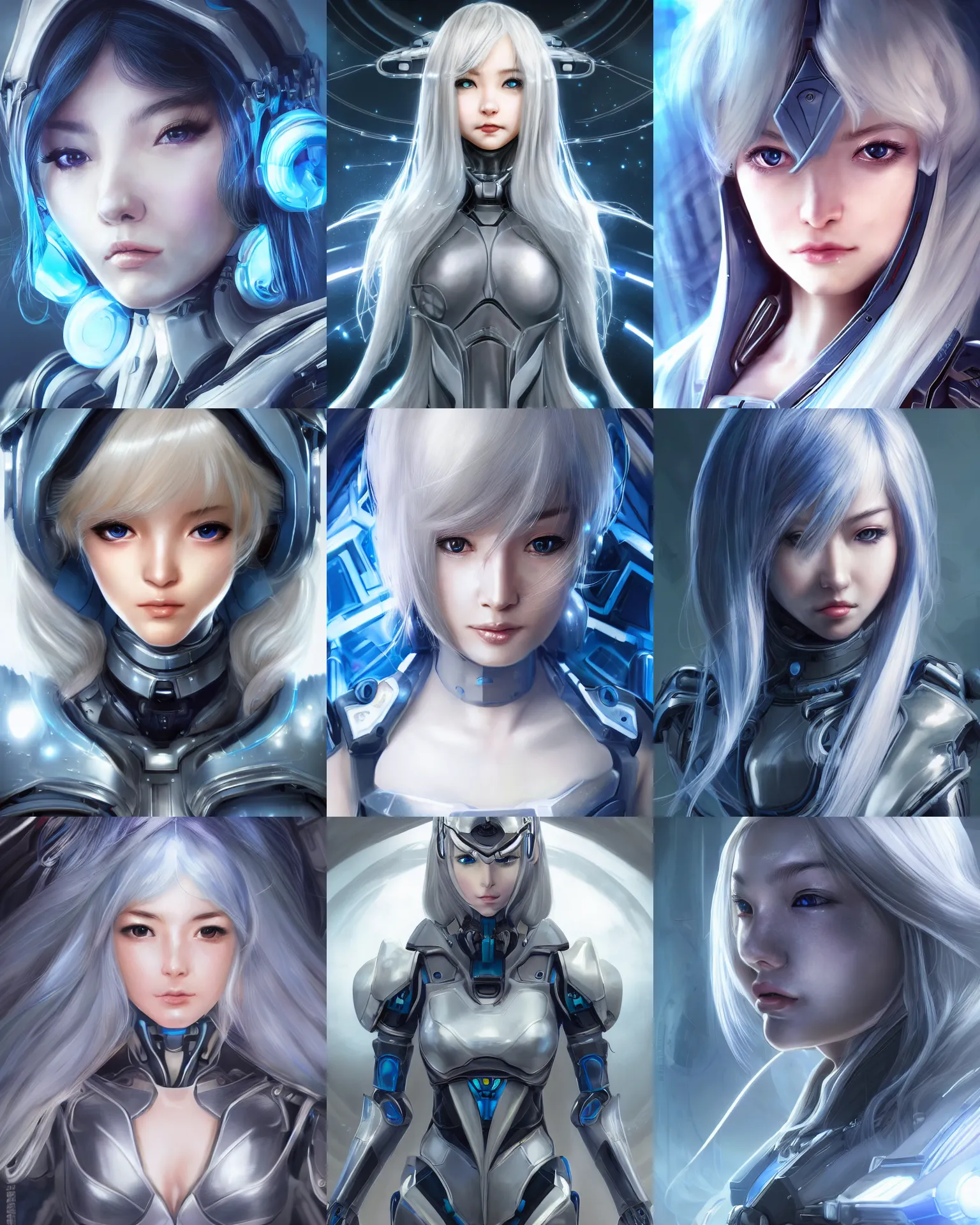 Image similar to detailed portrait of perfect android girl, warframe armor, beautiful face, scifi, futuristic, space station, laboratory, song hye - kyo, dreamy, long white hair, blue cyborg eyes, cinematic lighting, innocent, highly detailed, sharp focus, smooth, artstation, intricate, award winning, pure aura, divine, by akihiko yoshida