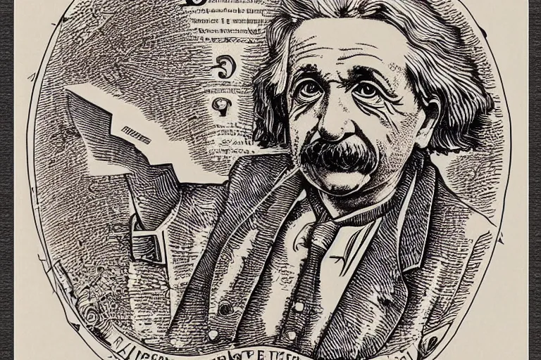 Prompt: an engraved portrait of albert einstein surrounded by intricate equations of theory of relativity, detailed!!! copper - plate engraving in the style of a postage stamp, freemason symbol, fine!!! lines, engraved by alfred sealey, bureau of engraving and printing