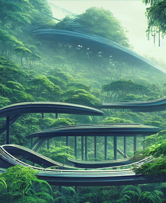 Prompt: simplicity, elegance, a roller coaster building made out of simple organic forms, in the style of a streamlined asymmetrical spaceship, overgrown with jungle, bleak apocalyptic environment, by dan mumford, yusuke murata, makoto shinkai, ross tran, cinematic, unreal engine, cel shaded, featured on artstation, pixiv