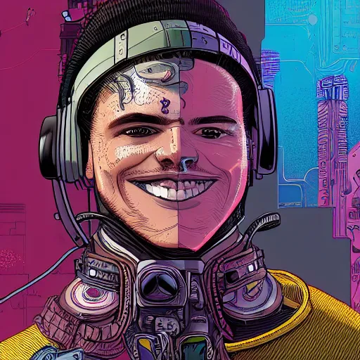 Image similar to detailed illustration in the style of josan gonzalez of a close up of a smiling young explorer wearing a cyberpunk headpiece, highly detailed, intricate details, 8k wallpaper